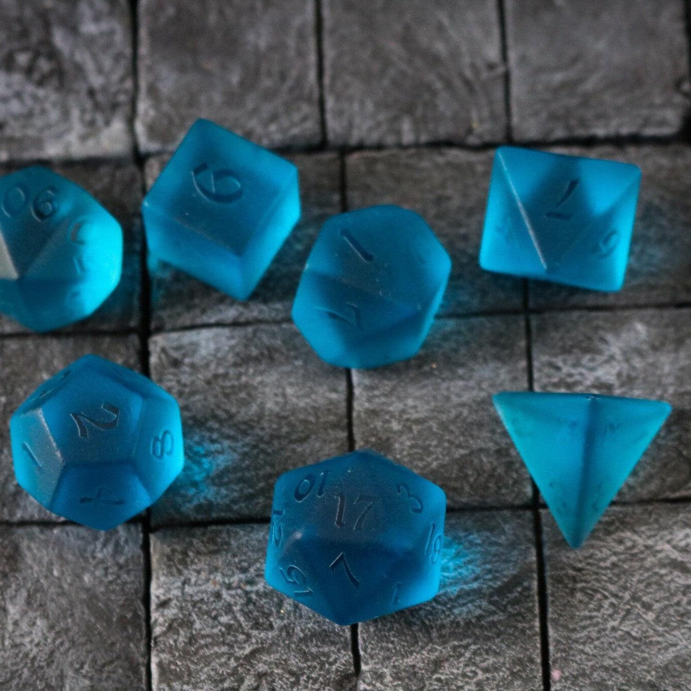 Blue Zircon Hand Carved Glass DND Dice Set | Gemstone Dice | Wiccan Center
