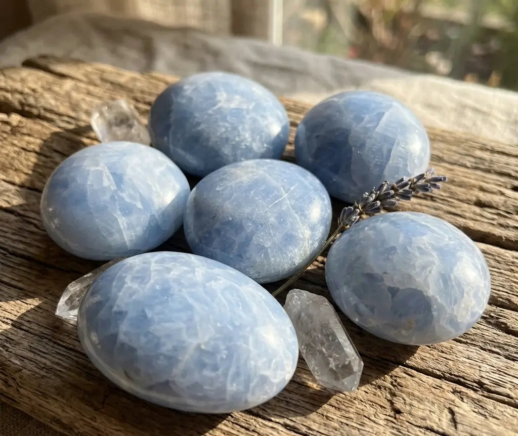 Blue Calcite Large Freeform Palm Stones (2-3 Inches) Polished Carving | Home & Living > Home Decor > Home Accents > Rocks & Geodes | Wiccan Center