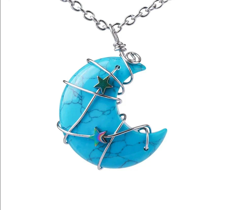 Crystal Crescent Moon and Star Silver Necklace | necklace | Wiccan Center
