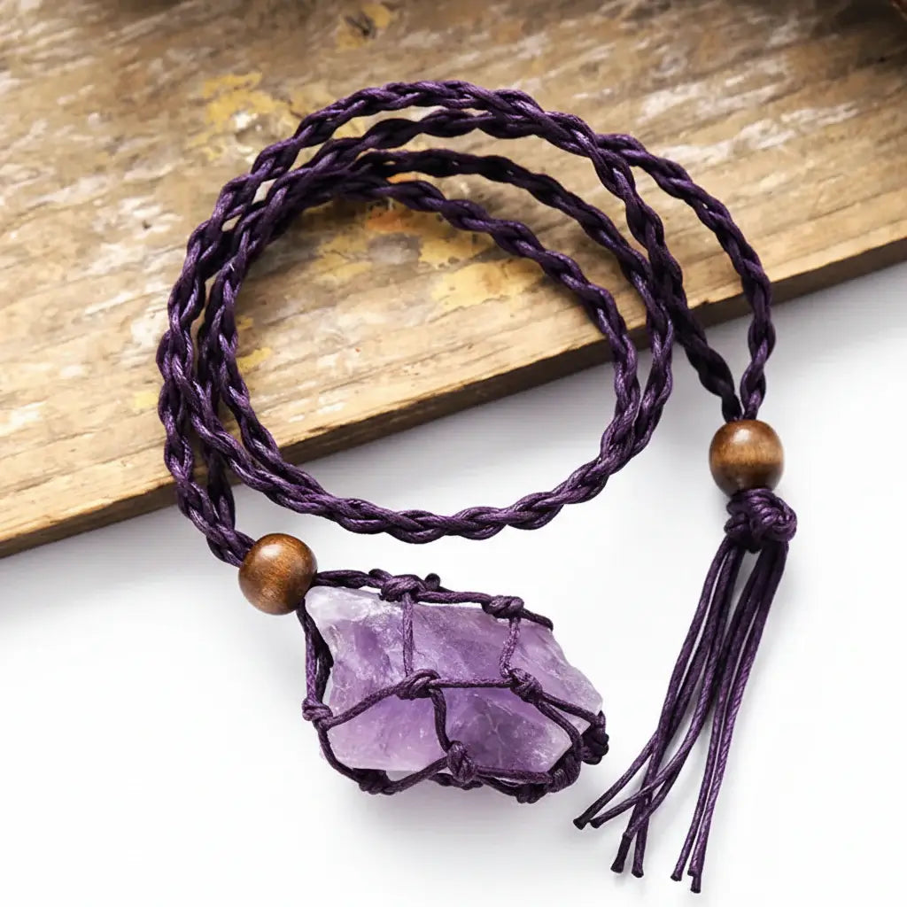 Boho Raw Crystal Macrame Necklace – Natural Stone Handmade Spiritual Pendant for Women