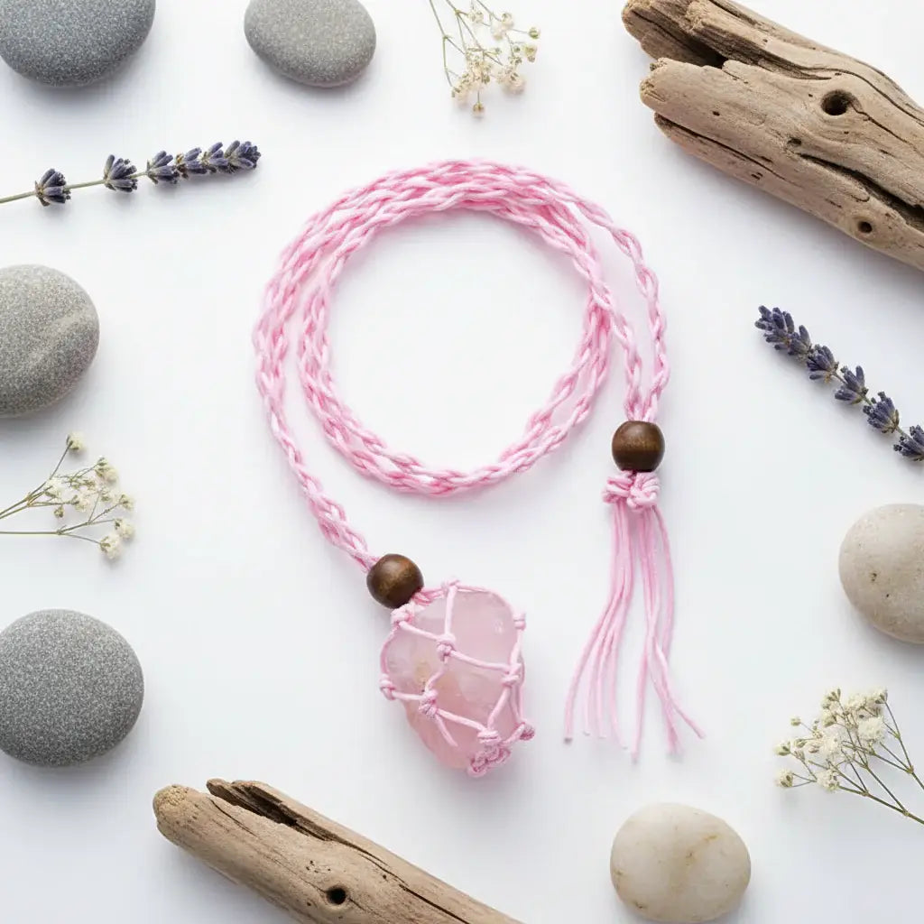 Boho Raw Crystal Macrame Necklace – Natural Stone Handmade Spiritual Pendant for Women