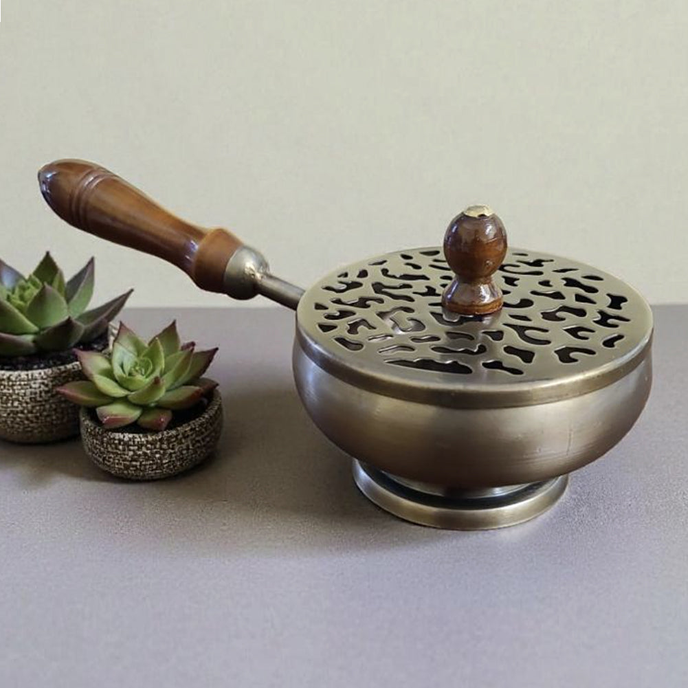 Bronze Finish Metal Charcoal Burner with Lid & Wooden Handle 9" | Incense Burner | Wiccan Center