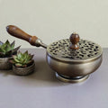 Bronze Finish Metal Charcoal Burner with Lid & Wooden Handle 9" | Incense Burner | Wiccan Center