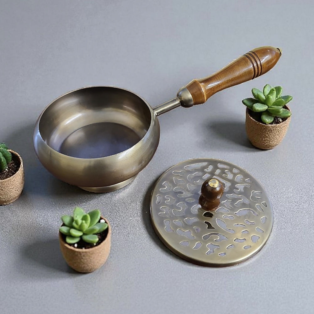 Bronze Finish Metal Charcoal Burner with Lid & Wooden Handle 9" | Incense Burner | Wiccan Center