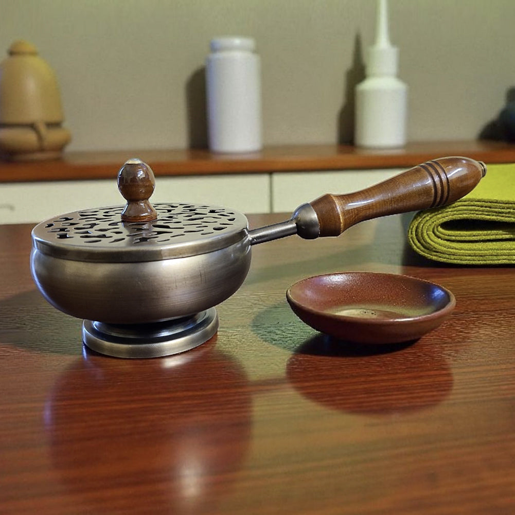 Bronze Finish Metal Charcoal Burner with Lid & Wooden Handle 9" | Incense Burner | Wiccan Center