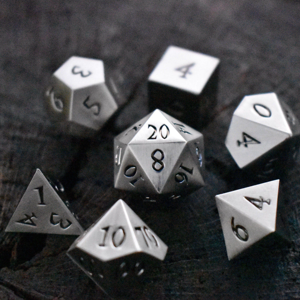 Brushed Silver Sharp-Edged Metal Dice Set | Metal | Wiccan Center