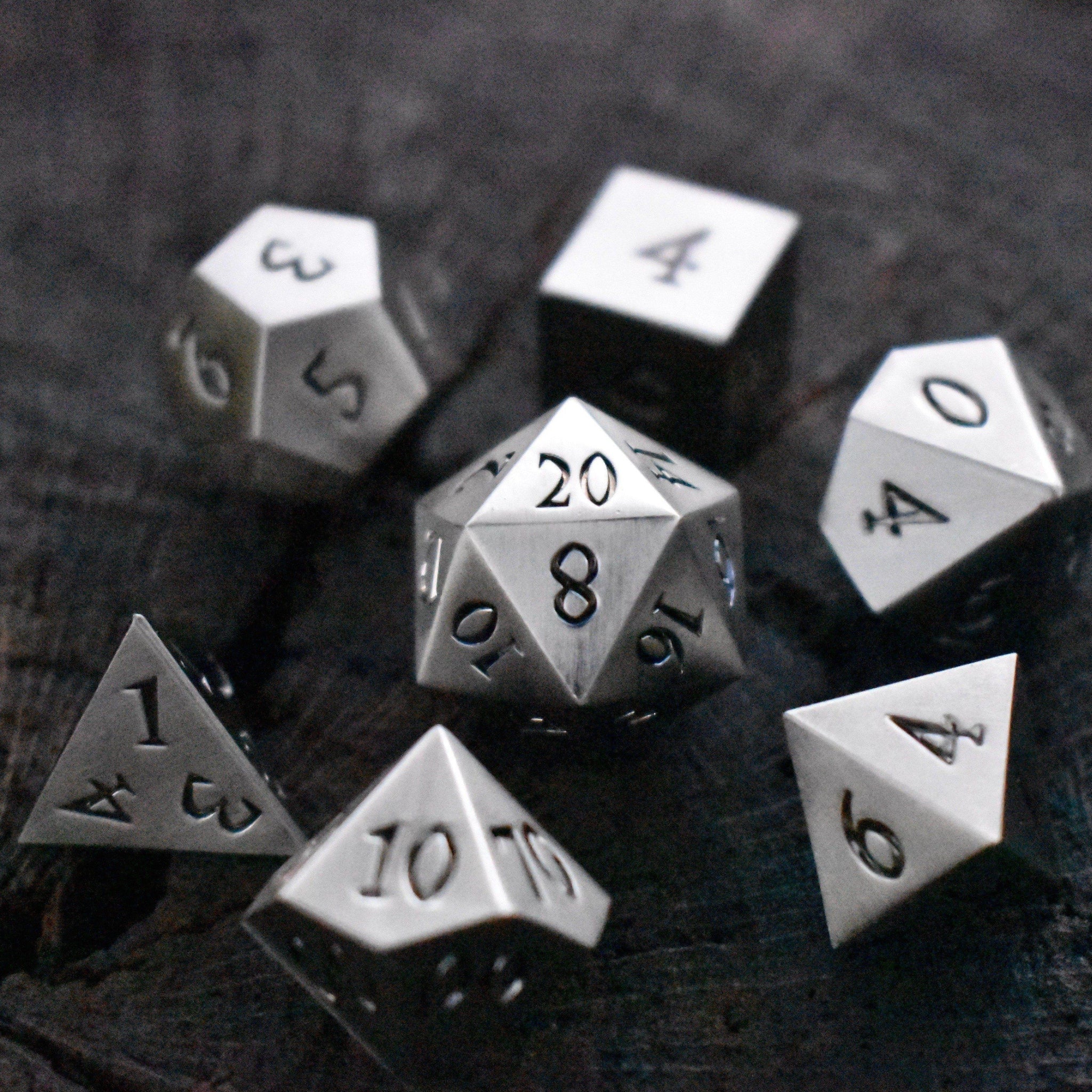 Brushed Silver Sharp-Edged Metal Dice Set | Metal | Wiccan Center