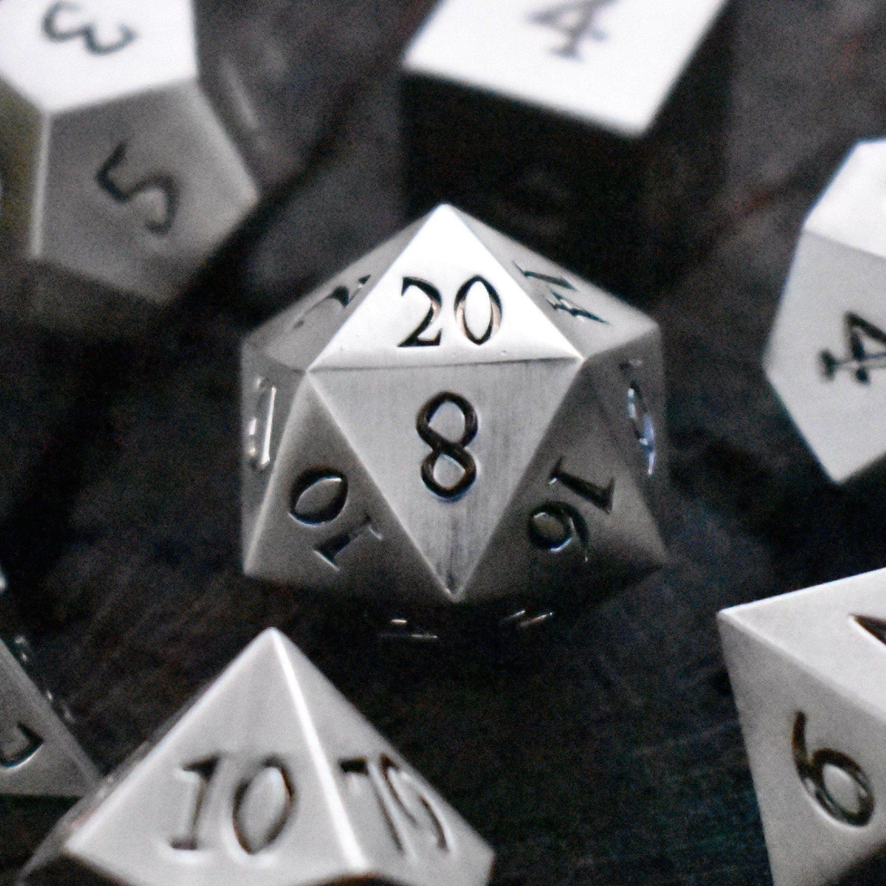 Brushed Silver Sharp-Edged Metal Dice Set | Metal | Wiccan Center