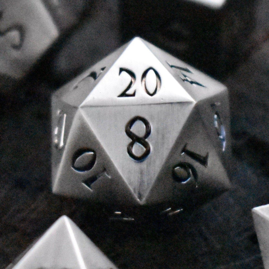 Brushed Silver Sharp-Edged Metal Dice Set | Metal | Wiccan Center