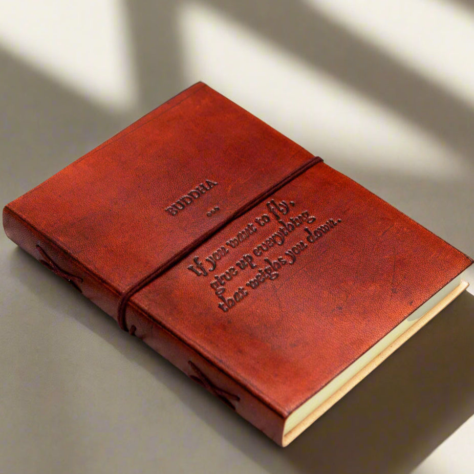Buddha Quote Leather Journal - "Give Up Everything That Weighs You Down" | Journal | Wiccan Center