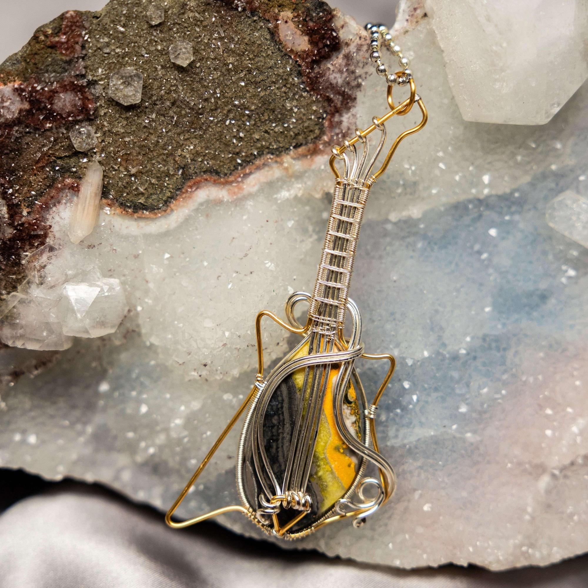 Bumblebee Jasper Guitar Wire Wrap Pendant 4" #2