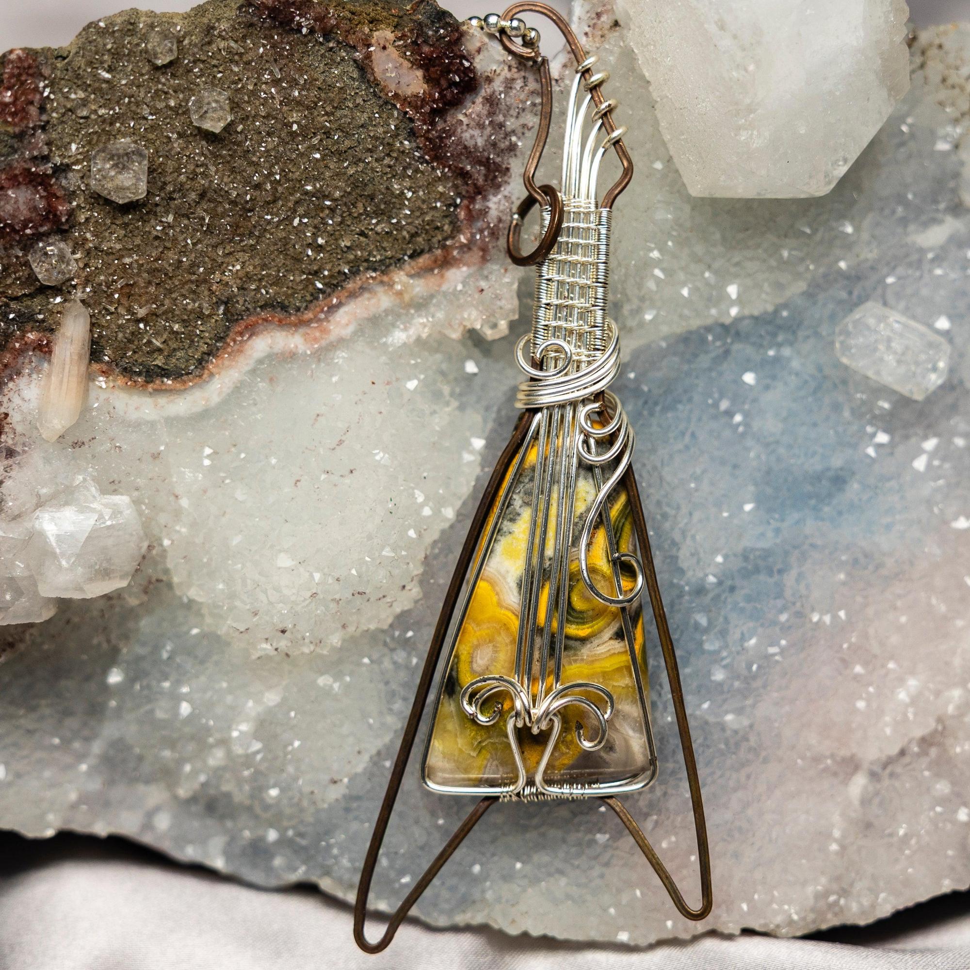 Bumblebee Jasper Guitar Wire Wrap Pendant 4.5 Inch