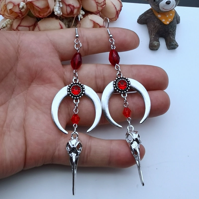 Red Gem Raven Skull Moon Earrings | earrings | Wiccan Center