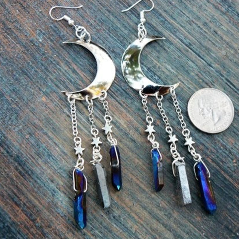 Rainbow Titanium Quartz Moon Earrings | earrings | Wiccan Center