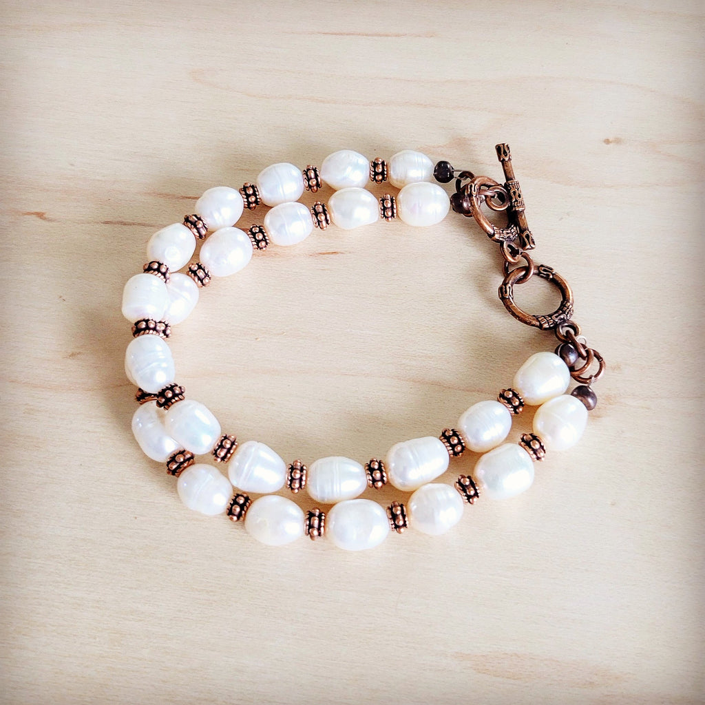 Freshwater Pearl & Copper Boho Beaded Double Strand Bracelet 811y | Bracelet | Wiccan Center