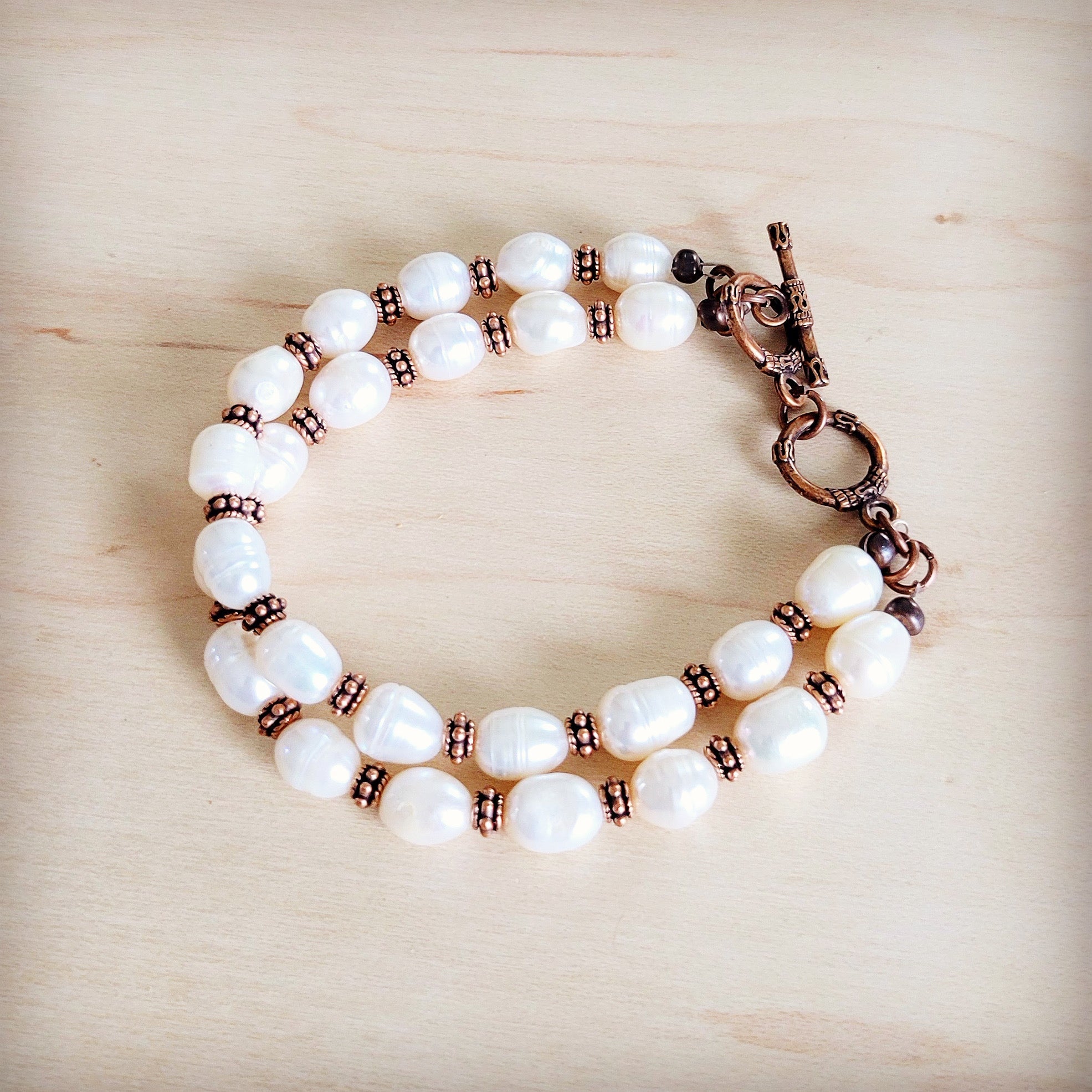 Freshwater Pearl & Copper Boho Beaded Double Strand Bracelet 811y | Bracelet | Wiccan Center