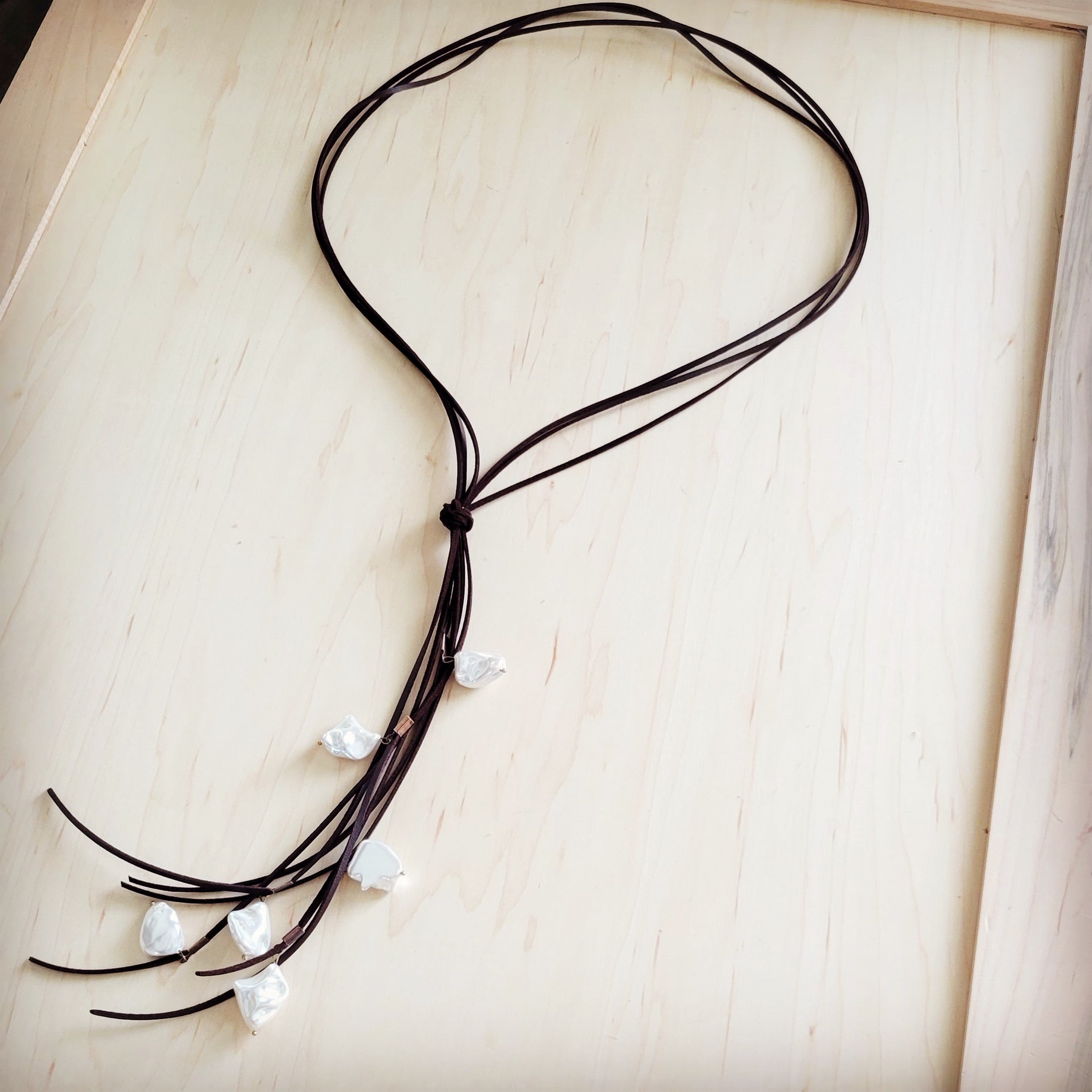 Dark Brown Boho Knotted Leather Cord Necklace w/ Pearls 263w | Necklace | Wiccan Center