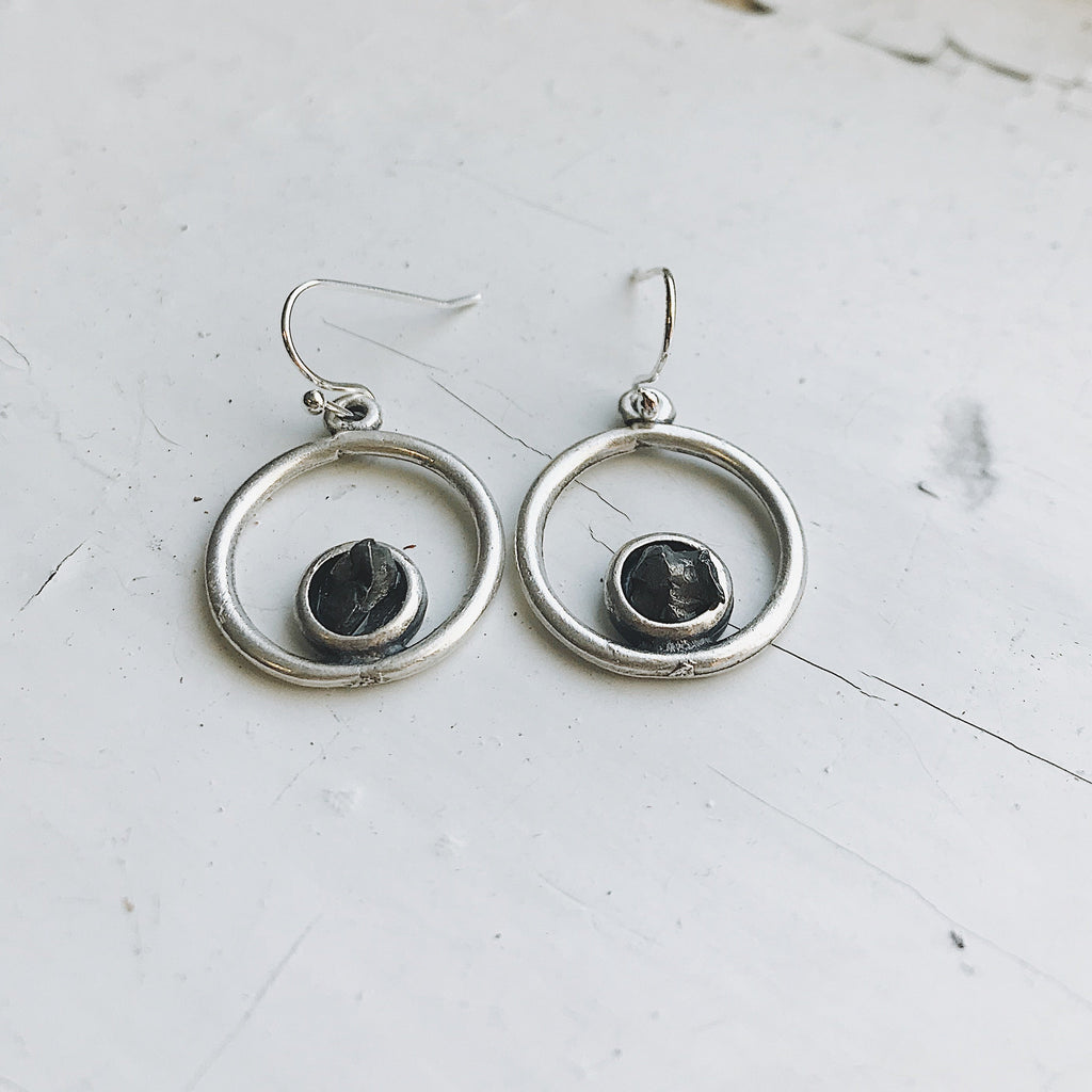 Circle Silver Earrings with Raw Meteorite | Earrings | Wiccan Center