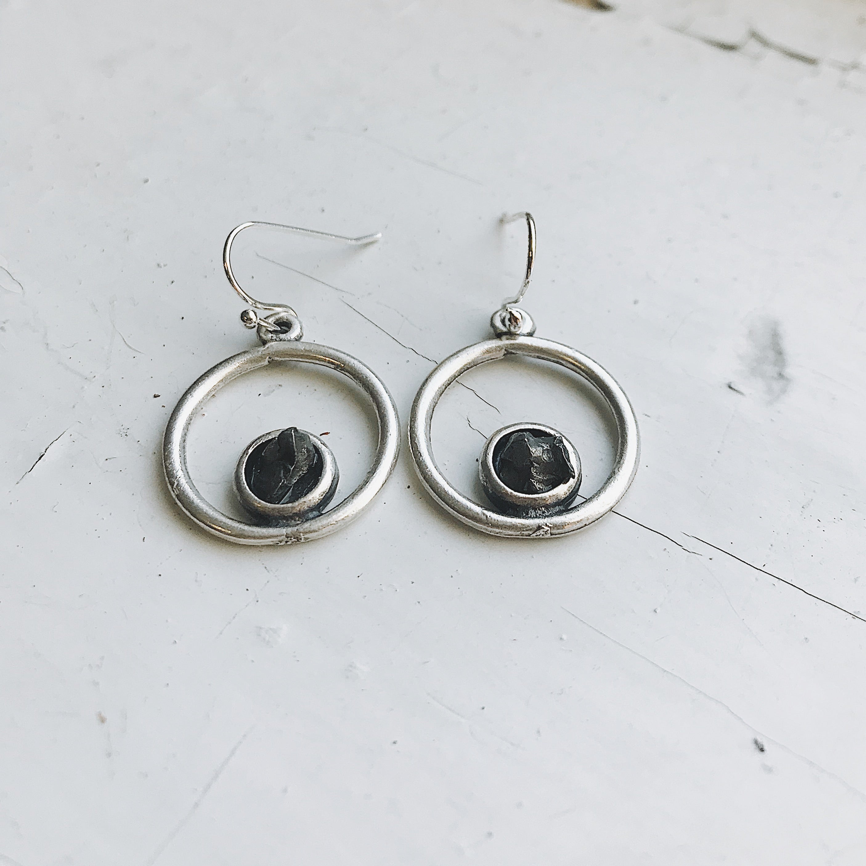Circle Silver Earrings with Raw Meteorite | Earrings | Wiccan Center