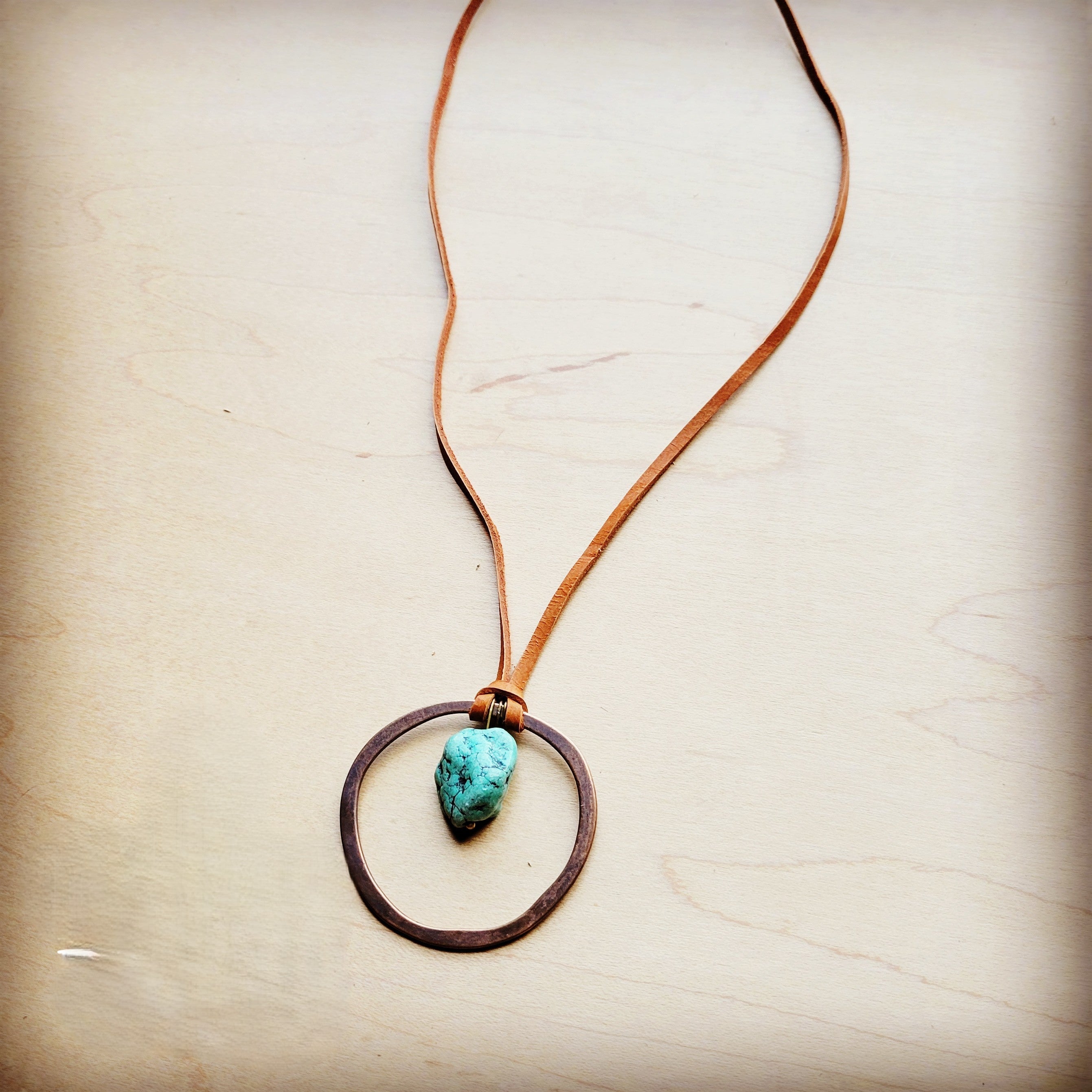 Leather Cord Necklace Antique Gold Hoop & Natural Turquoise 254v | Necklace | Wiccan Center