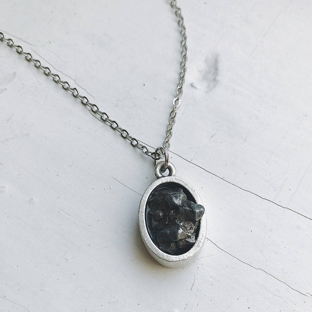 Oval Raw Meteorite Pendant Necklace in Matte Brushed Silver | Necklace | Wiccan Center