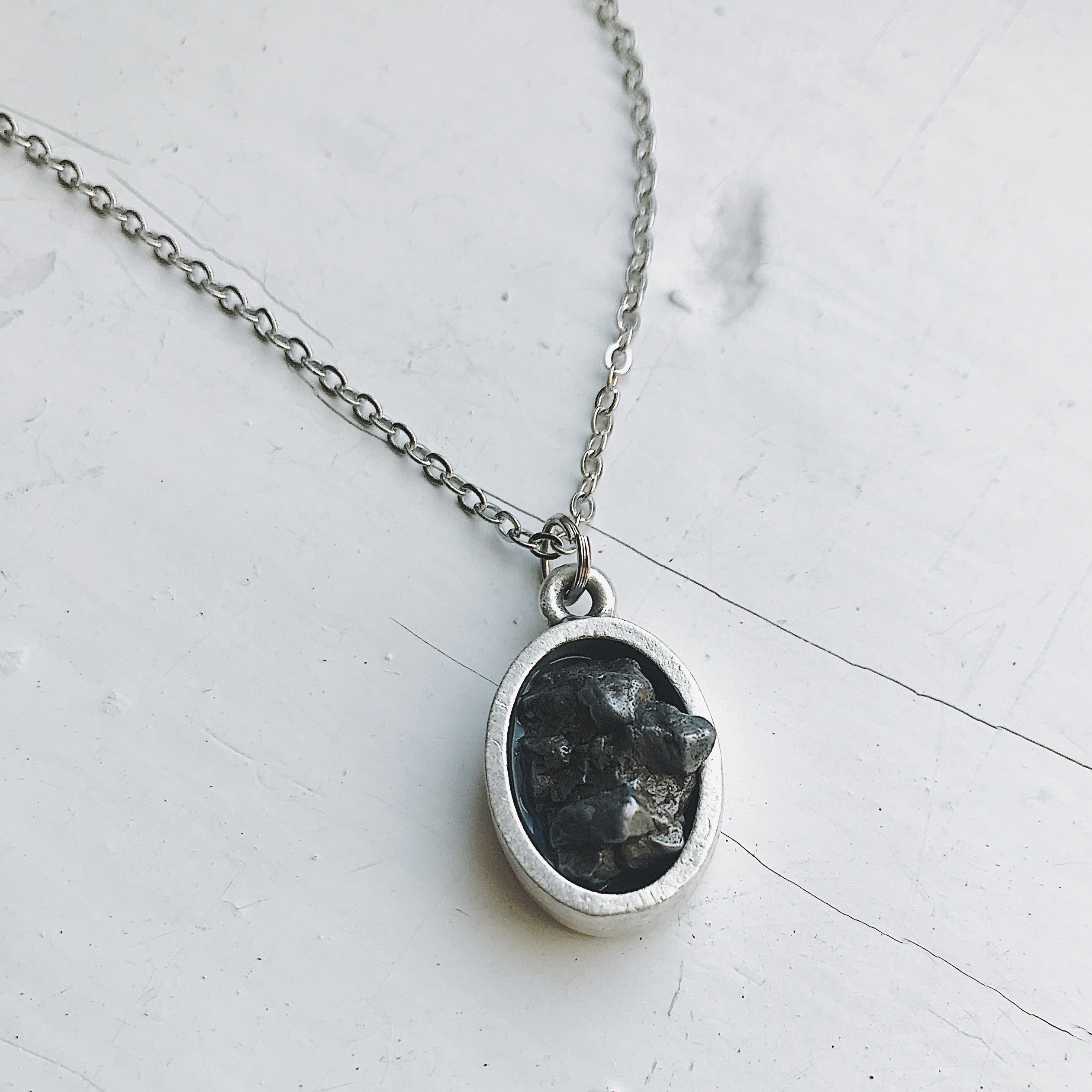 Oval Raw Meteorite Pendant Necklace in Matte Brushed Silver | Necklace | Wiccan Center