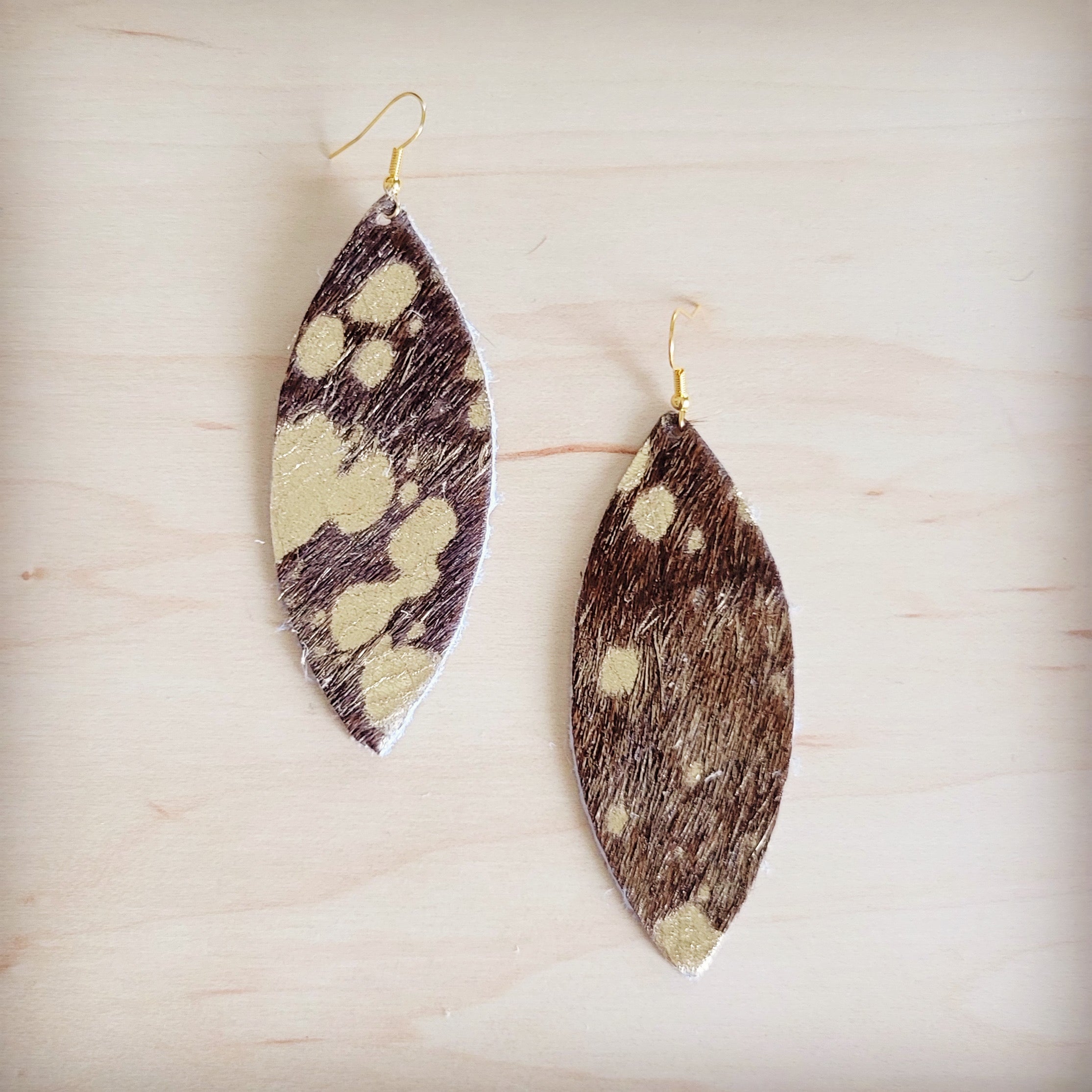 **Narrow Leather Oval Earrings-Mixed Metallic Hair-on-Hide 208x | Earrings | Wiccan Center