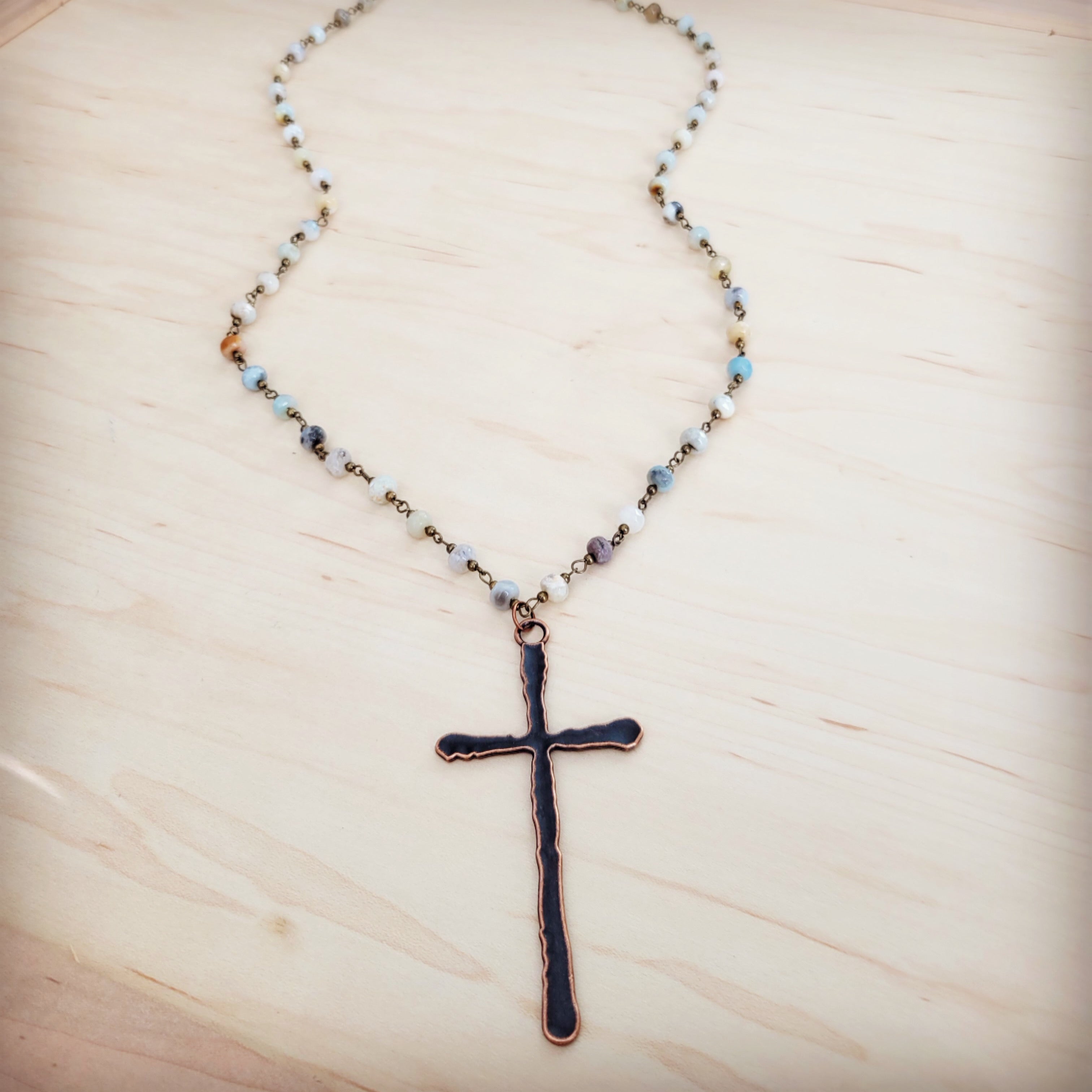 Genuine Amazonite Long Beaded Necklace with Antique Copper Cross 262x | Necklace | Wiccan Center
