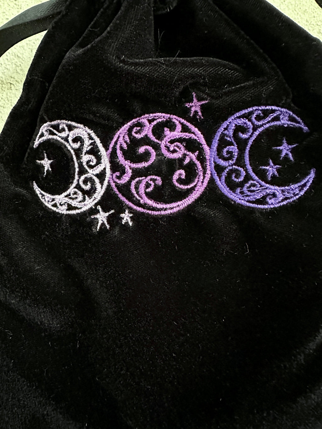 Triple Moon Black Velvet Embroidered Tarot Card Bag With Satin Lining