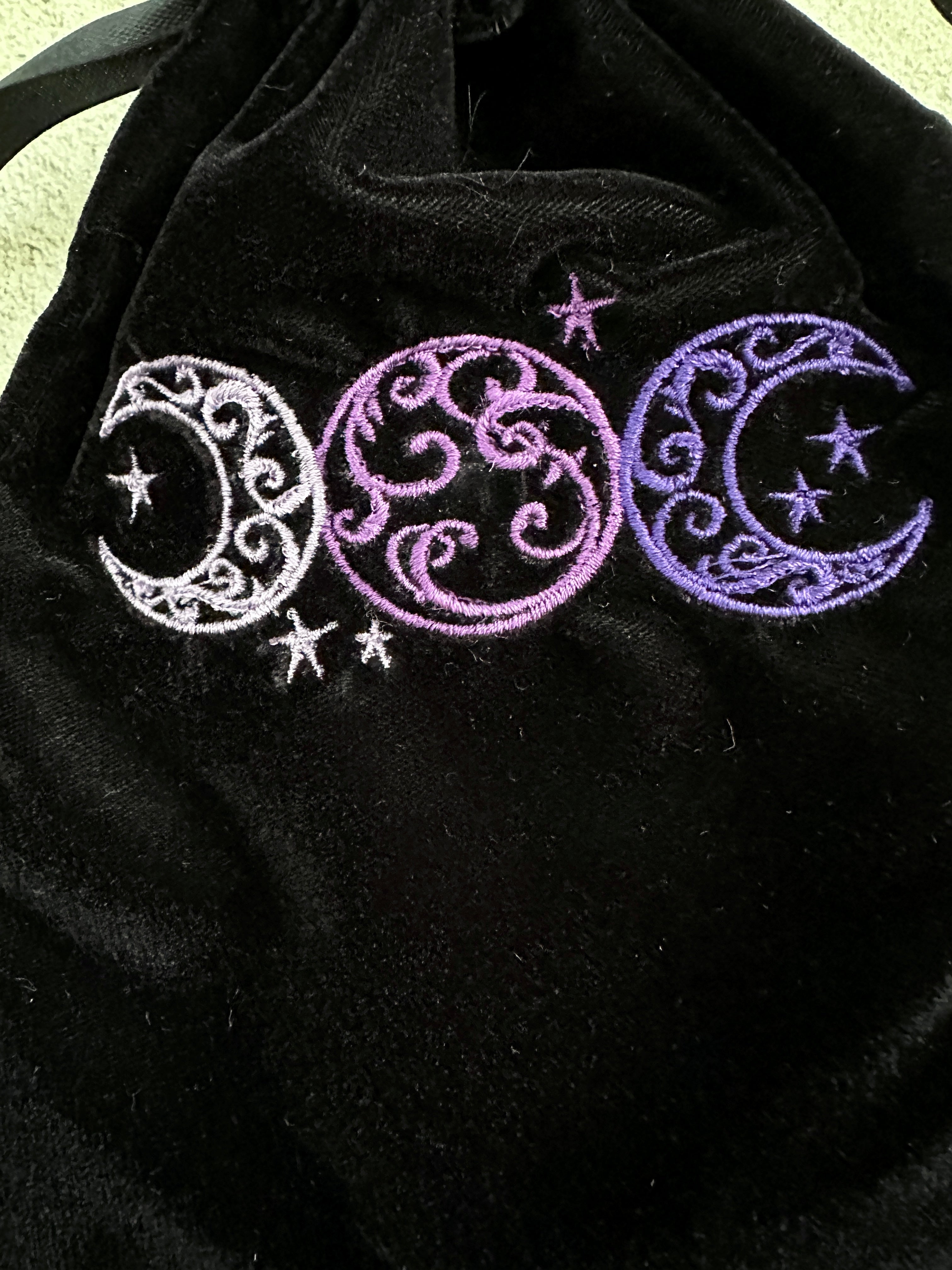 Triple Moon Black Velvet Embroidered Tarot Card Bag With Satin Lining