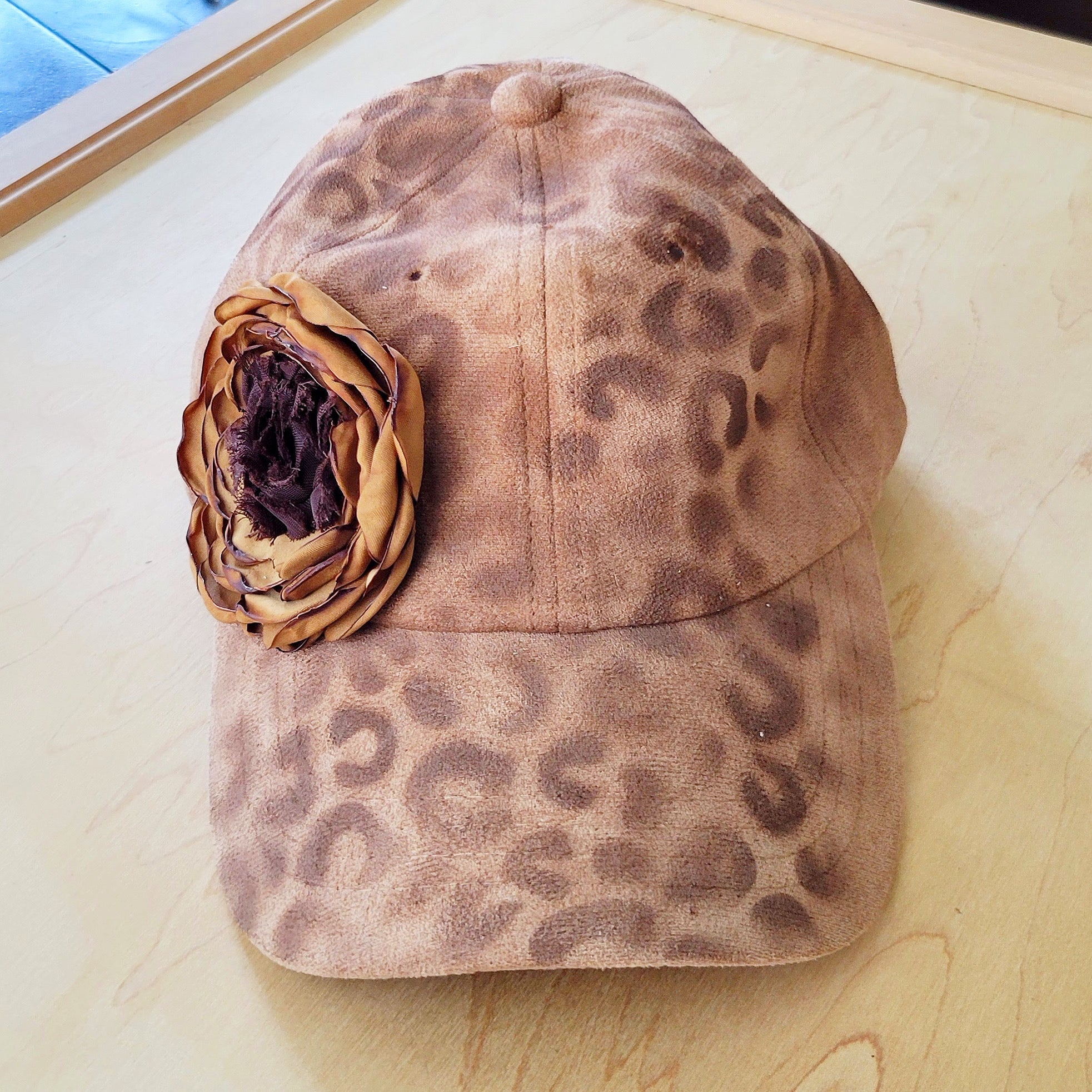 Hand-Painted Leopard Suede Baseball Cap w/ Flowers Tan 986L | Hat | Wiccan Center