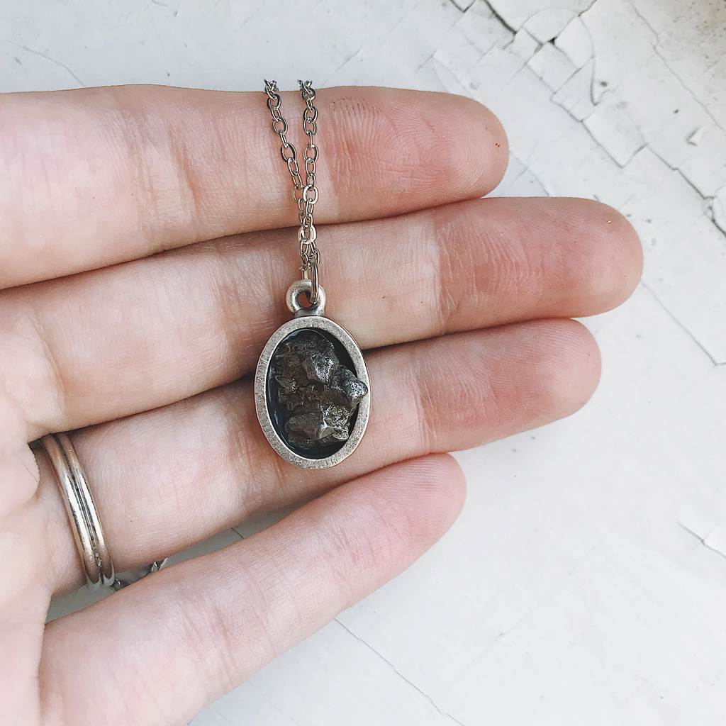 Oval Raw Meteorite Pendant Necklace in Matte Brushed Silver | Necklace | Wiccan Center