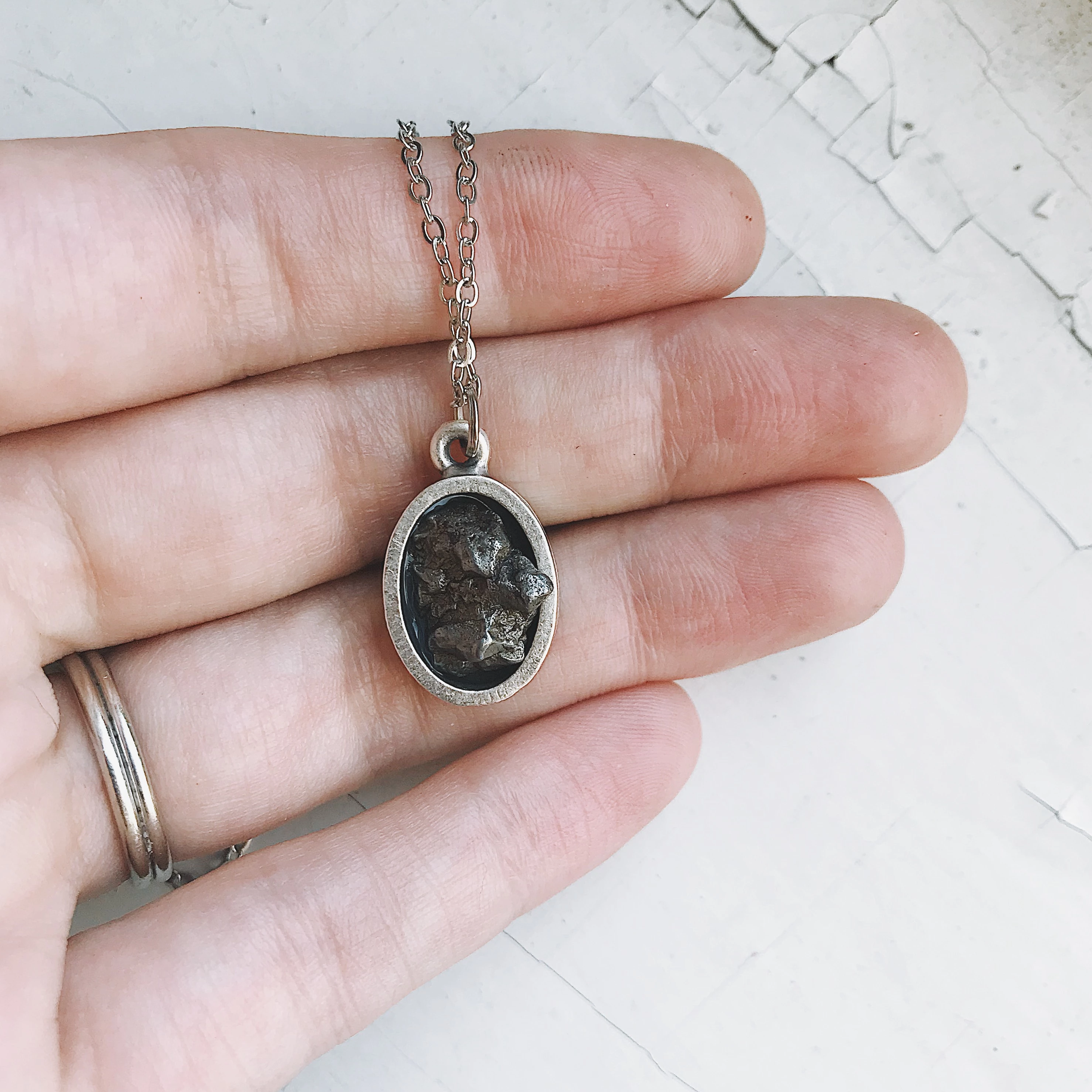 Oval Raw Meteorite Pendant Necklace in Matte Brushed Silver | Necklace | Wiccan Center