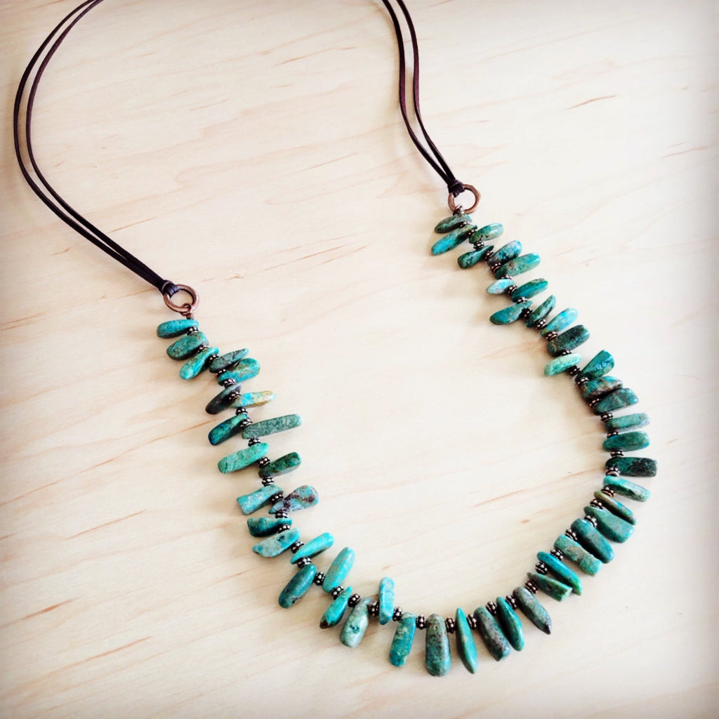 Natural Turquoise Stacked Stone Necklace with Leather Ties 263e | Necklace | Wiccan Center