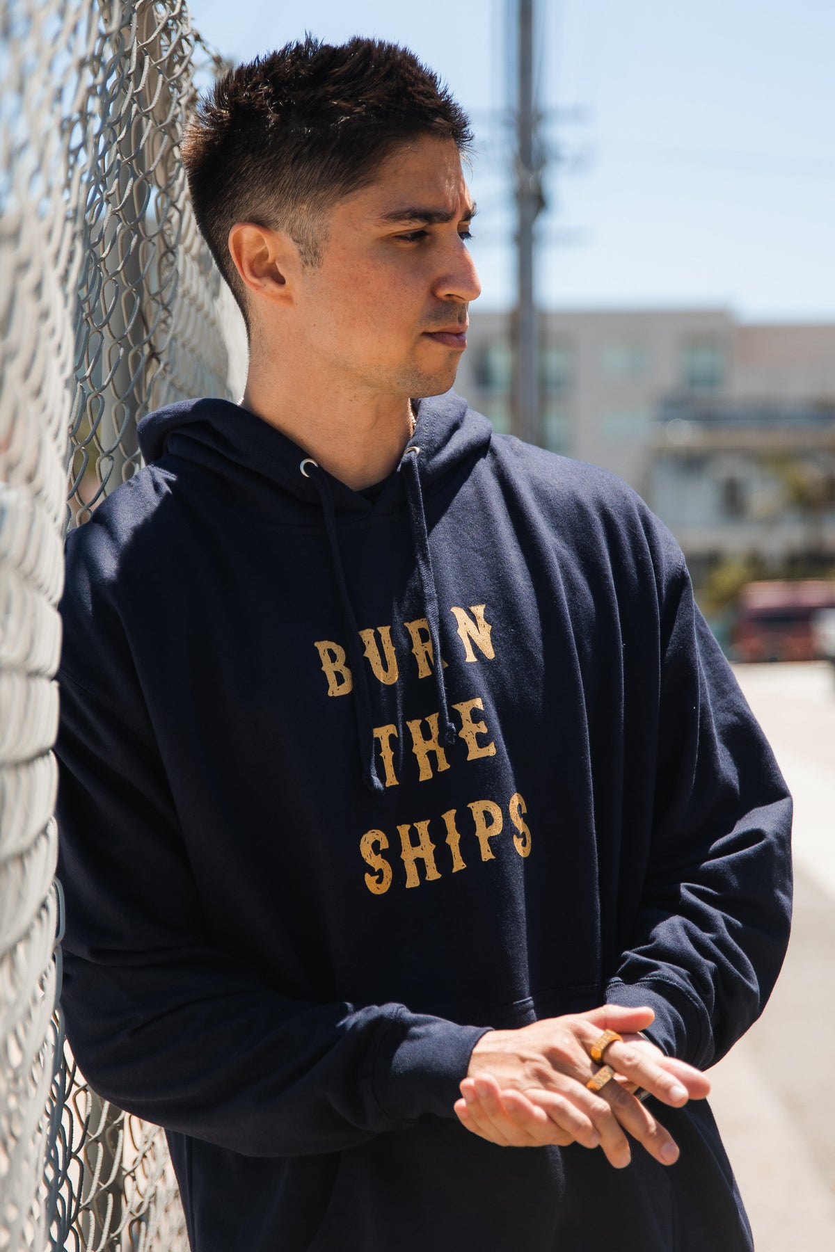 Burn The Ships Navy Gold Foil Hoodie | | Wiccan Center