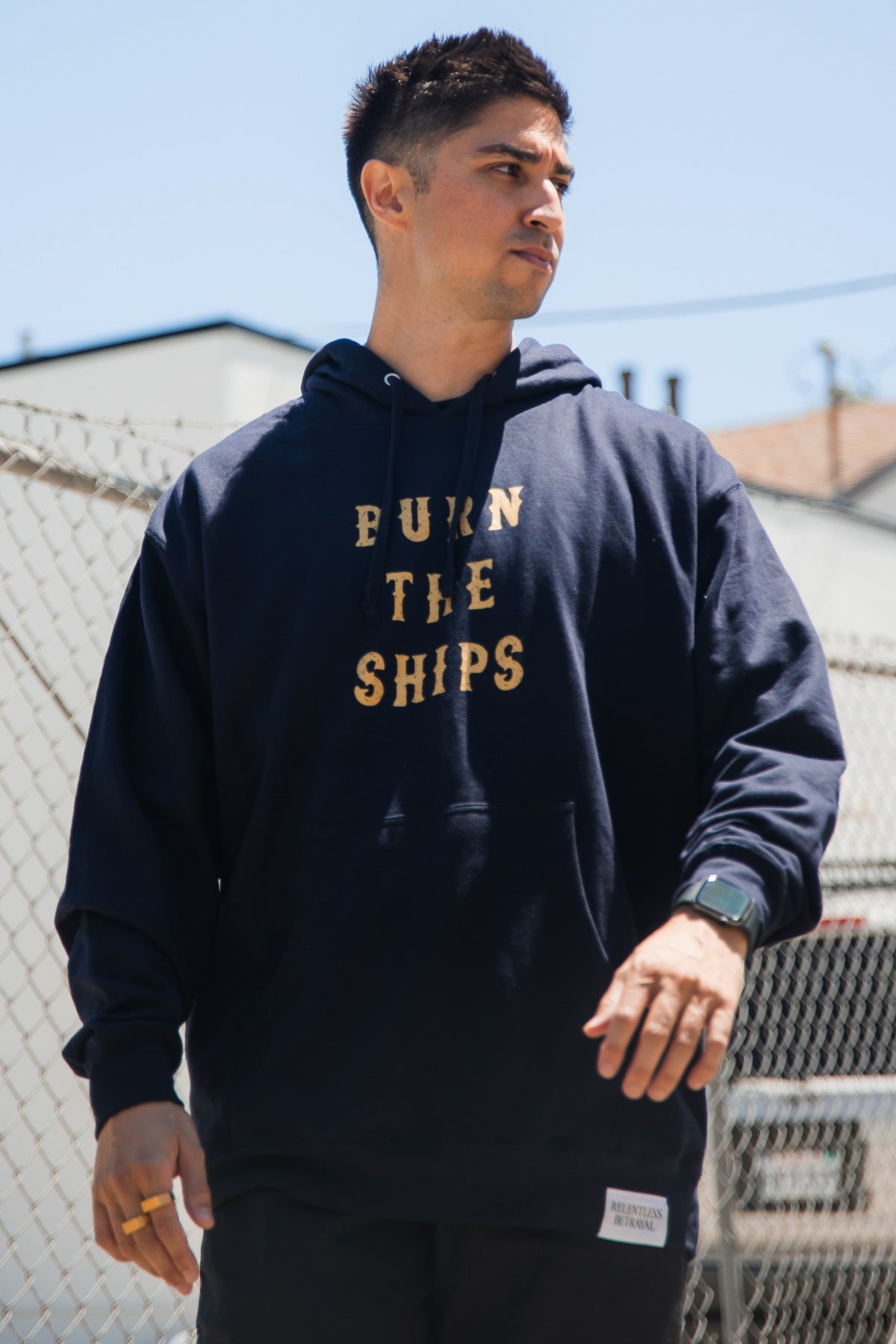 Burn The Ships Navy Gold Foil Hoodie | | Wiccan Center