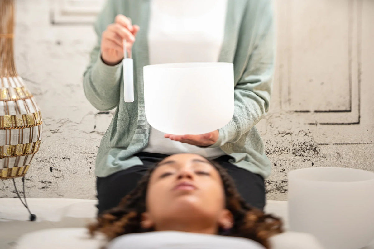 8" White-Frosted Crystal Singing Bowl, Note B4, Crown Chakra | | Wiccan Center
