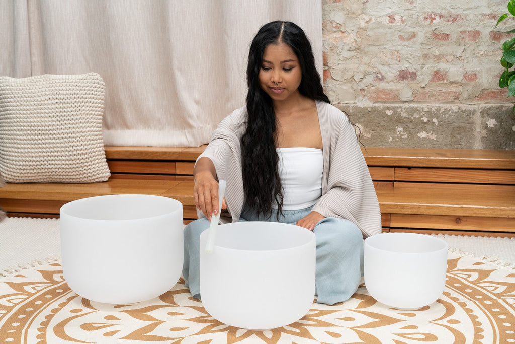 3-Piece White-Frosted Crystal Singing Bowl Set, A4/F4/C4, 432 Hz | | Wiccan Center