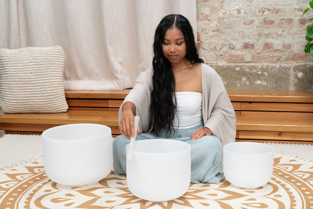 3-Piece White-Frosted Crystal Singing Bowl Set, A4/F4/D4, 432 Hz | | Wiccan Center