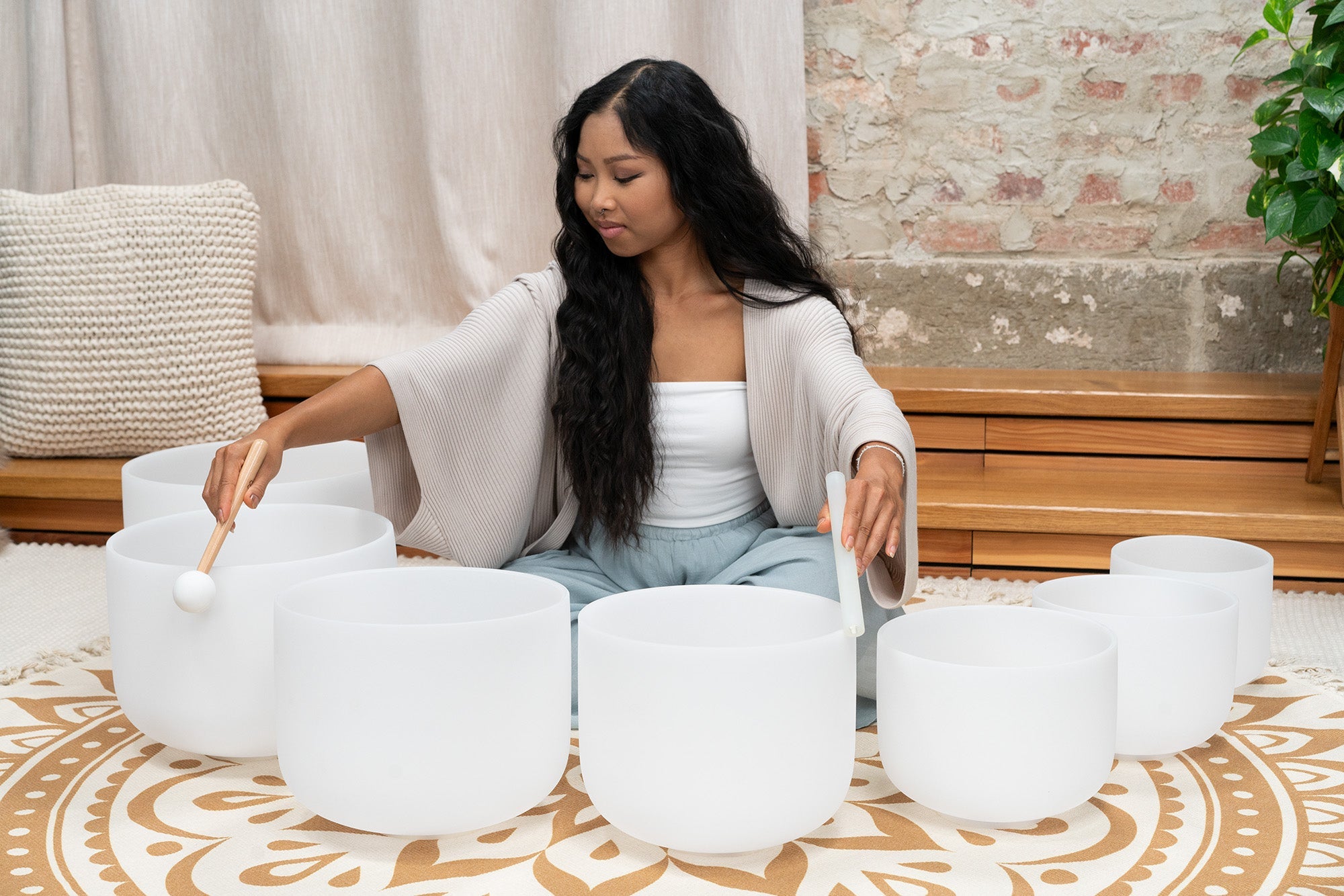 7-Piece White-Frosted Crystal Singing Bowl Chakra Set | | Wiccan Center