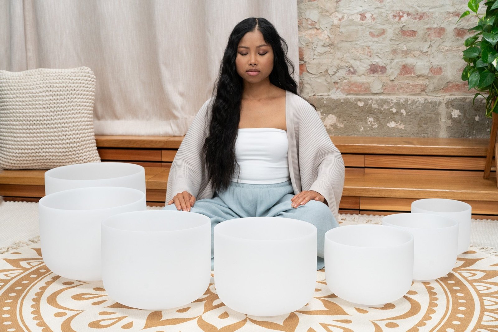 432 Hz Crystal Singing Bowl Chakra Set - 7 Pure White Quartz Bowls (8"–14") | 432 Hz White-Frosted Crystal Singing Bowl Set | Wiccan Center