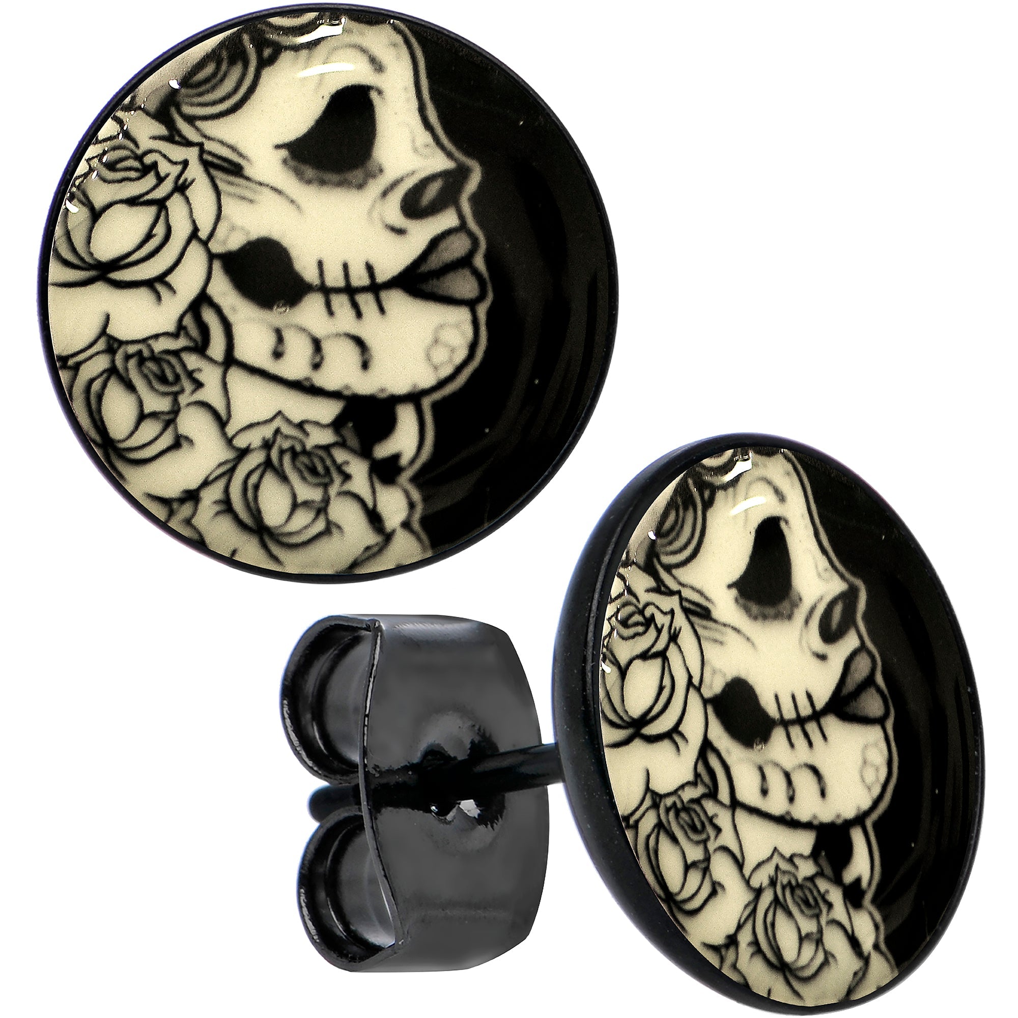 Black Anodized Gothic Rose Flower Skull Glow in the Dark Stud Earrings | EARRINGS Stud | Wiccan Center