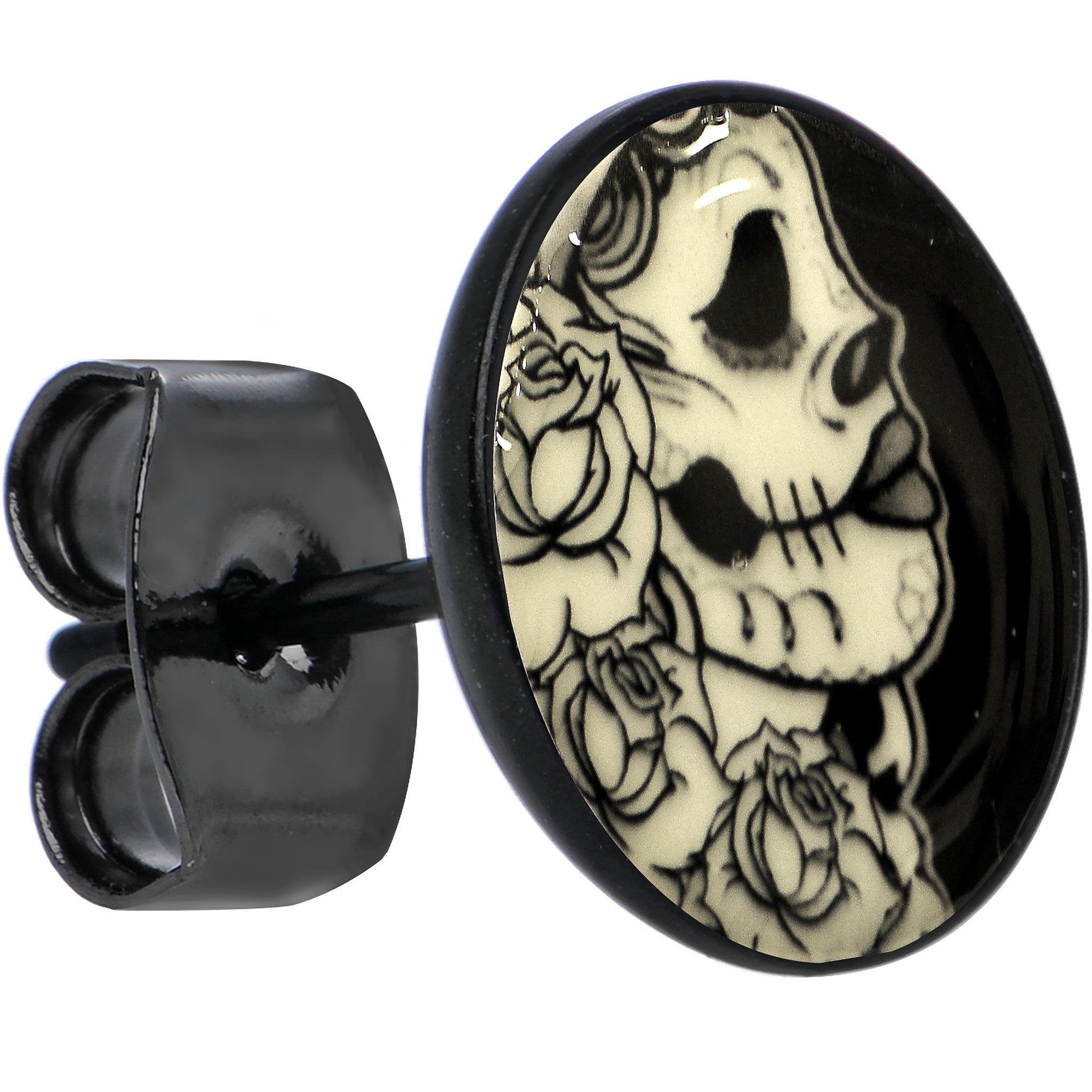 Black Anodized Gothic Rose Flower Skull Glow in the Dark Stud Earrings | EARRINGS Stud | Wiccan Center