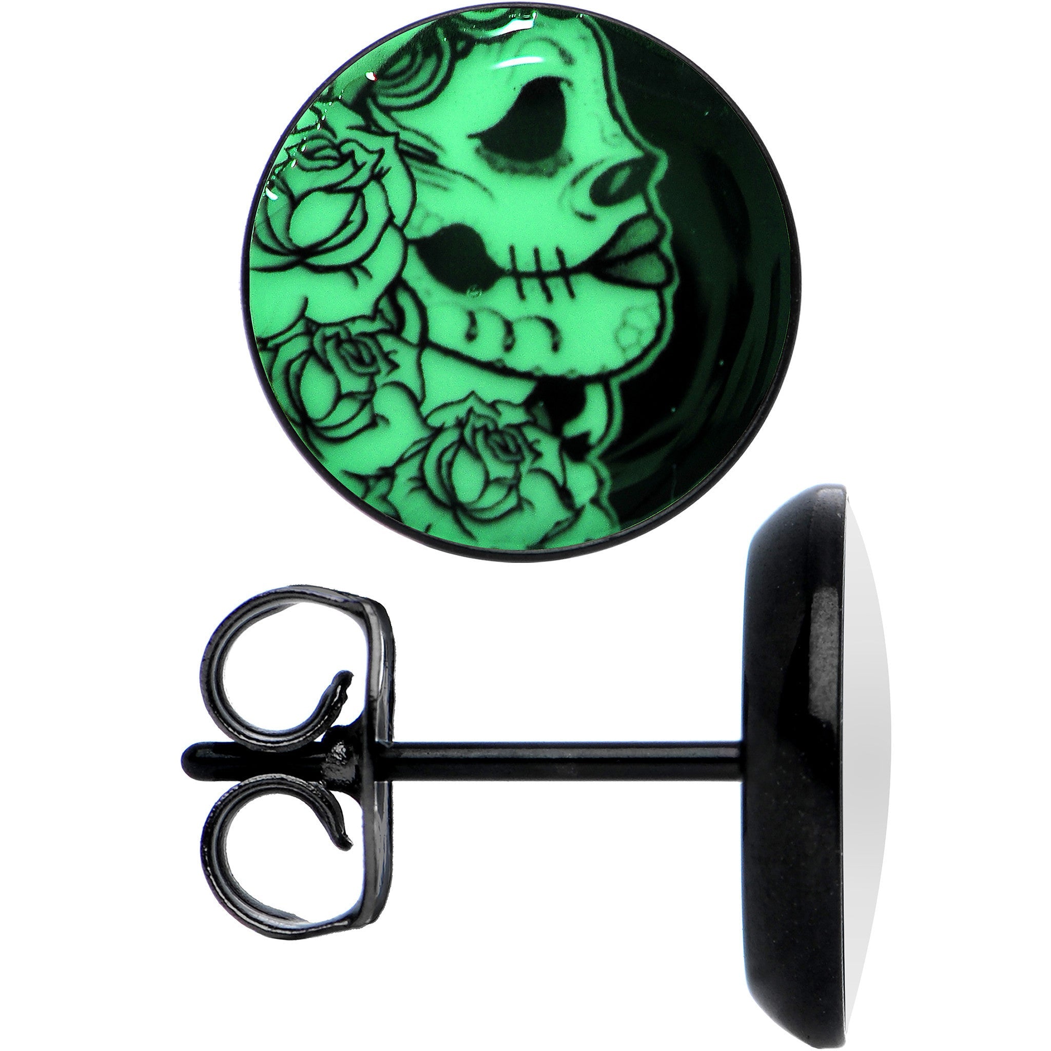 Black Anodized Gothic Rose Flower Skull Glow in the Dark Stud Earrings | EARRINGS Stud | Wiccan Center