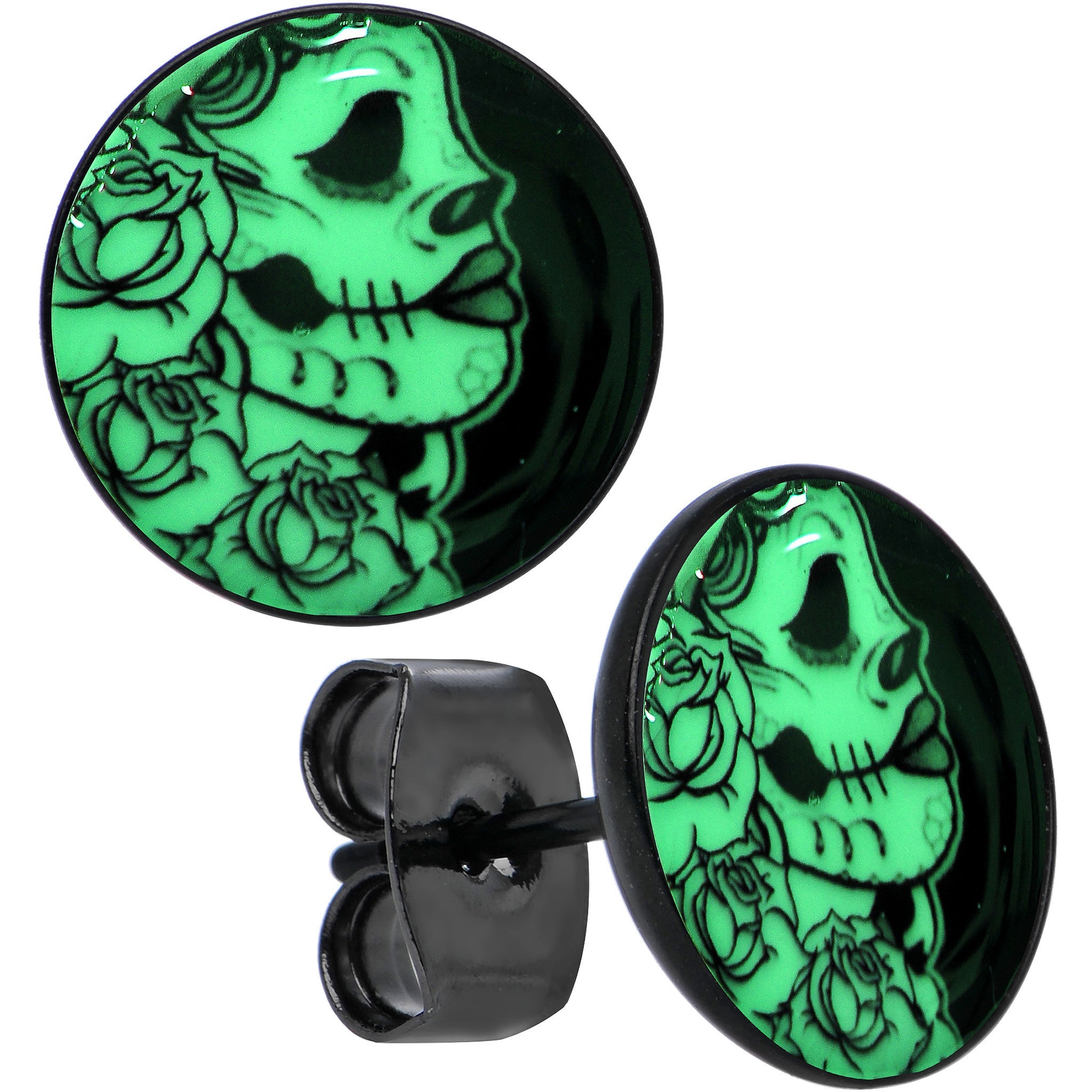 Black Anodized Gothic Rose Flower Skull Glow in the Dark Stud Earrings | EARRINGS Stud | Wiccan Center