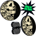 Black Anodized Gothic Rose Flower Skull Glow in the Dark Stud Earrings | EARRINGS Stud | Wiccan Center