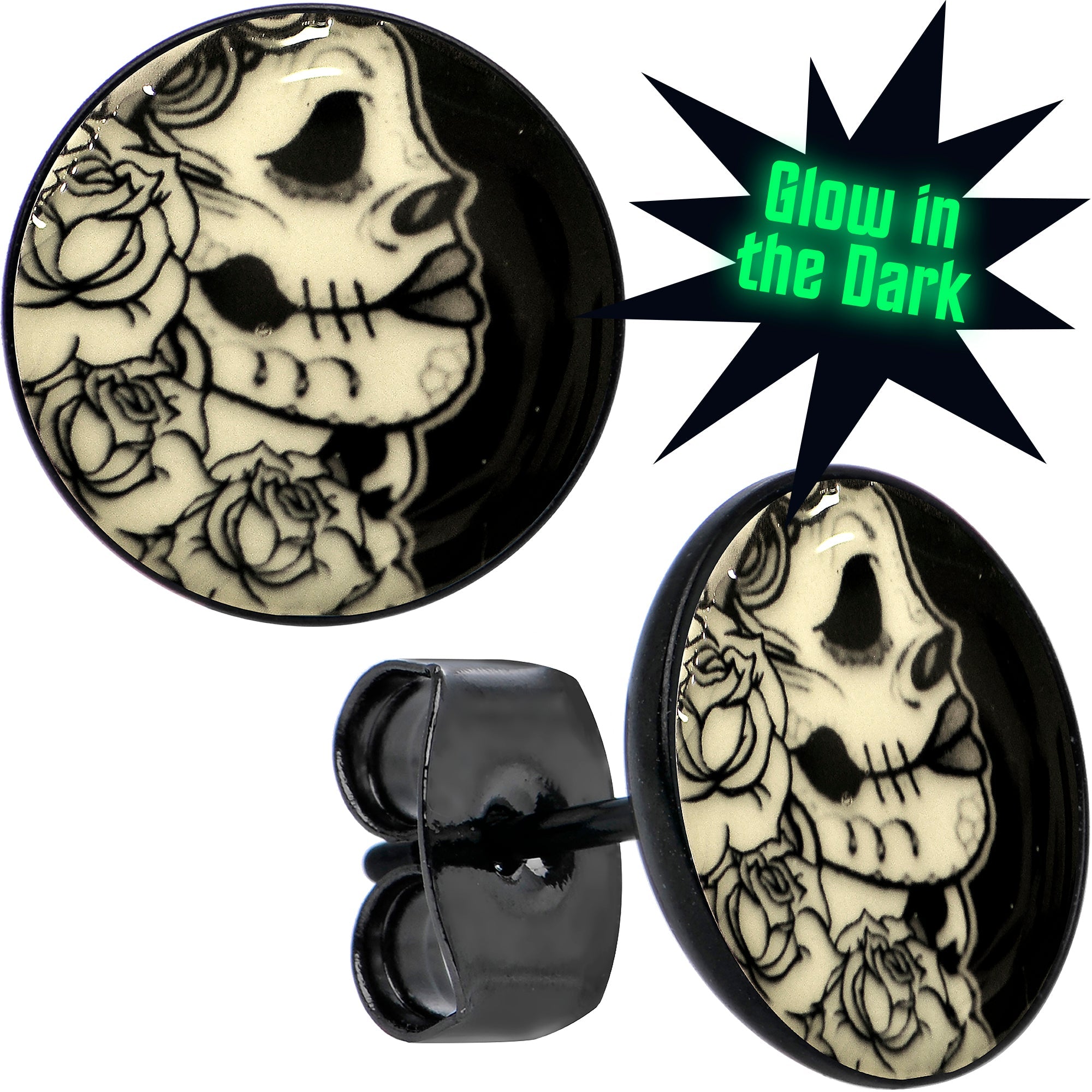 Black Anodized Gothic Rose Flower Skull Glow in the Dark Stud Earrings | EARRINGS Stud | Wiccan Center