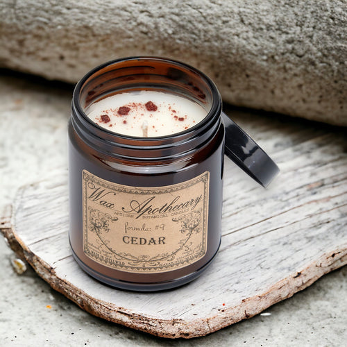 6 oz Botanical Candle in Amber Glass Jar - Cedar | Candle | Wiccan Center