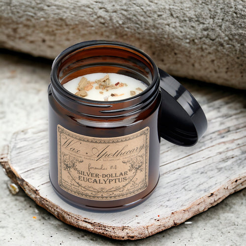 6 oz Botanical Candle in Amber Glass Jar - Silver-Dollar Eucalyptus | Candle | Wiccan Center