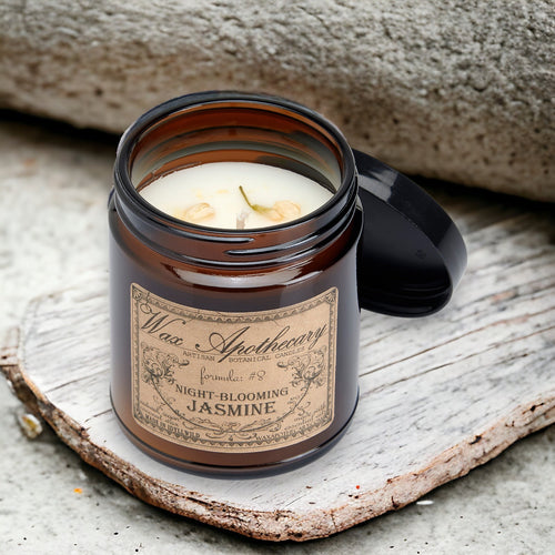 6 oz Botanical Candle in Amber Glass Jar - Night-Blooming Jasmine | Candle | Wiccan Center